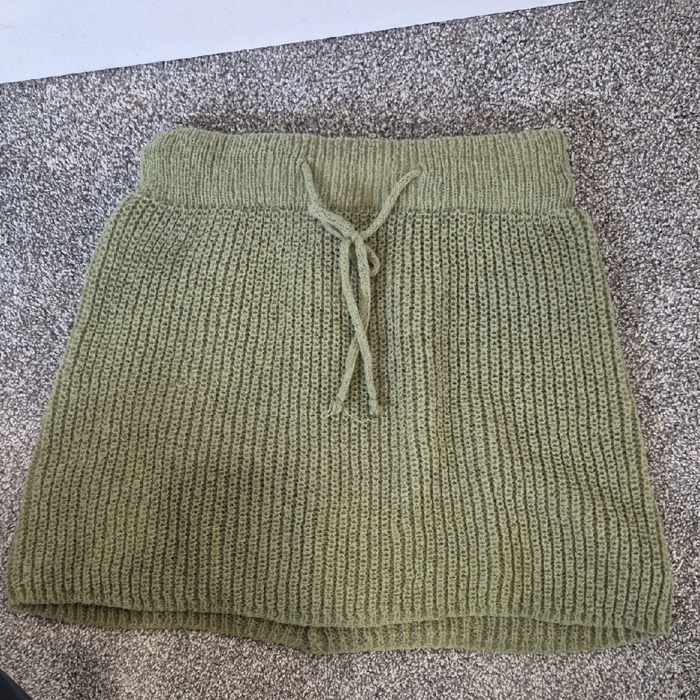 Cider Olive Drawstring Ribbed Knit Mini Skirt